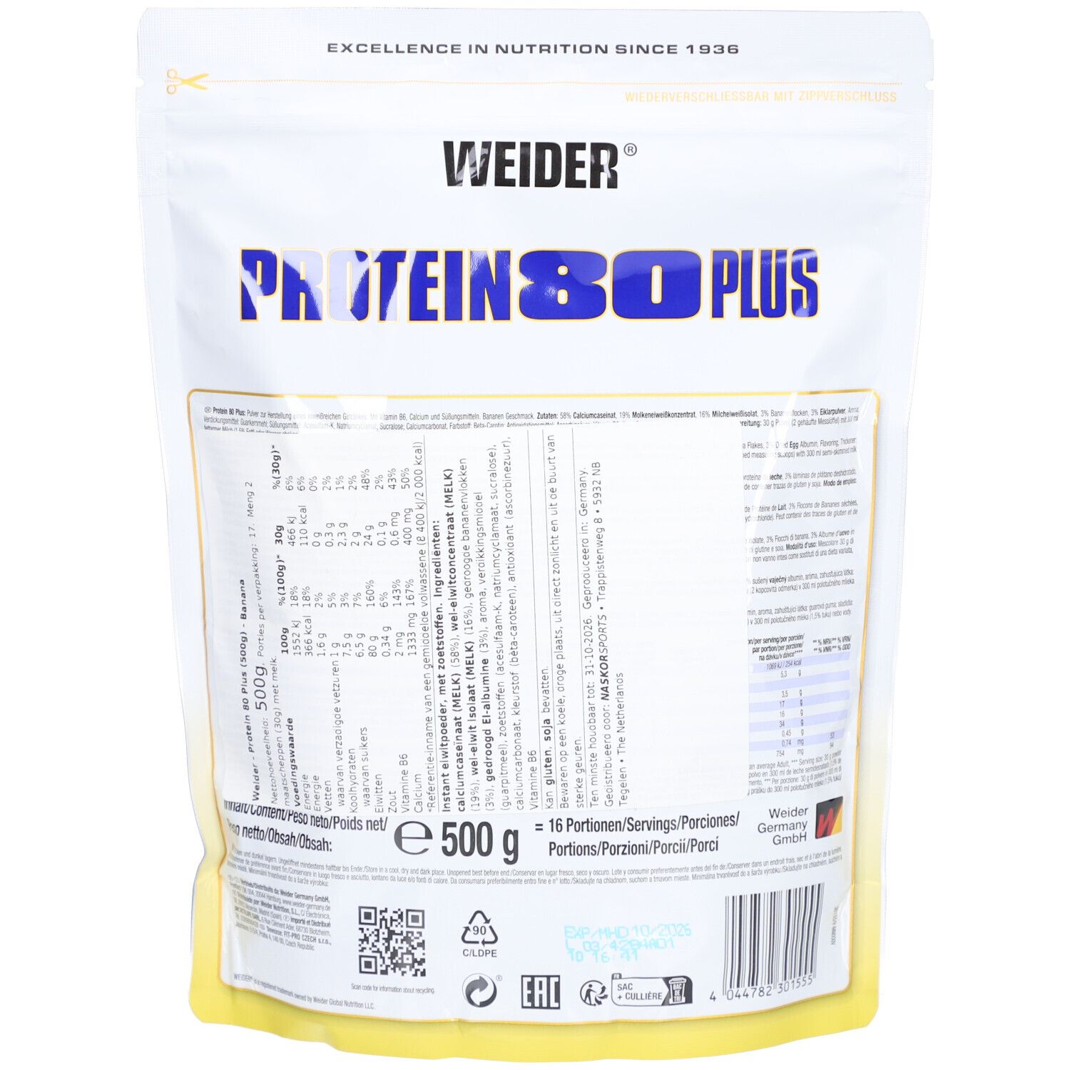 Dos de l'emballage Weider Protein 80 Plus, Banane, poudre. Contient du texte, des informations nutritionnelles et des certifications.