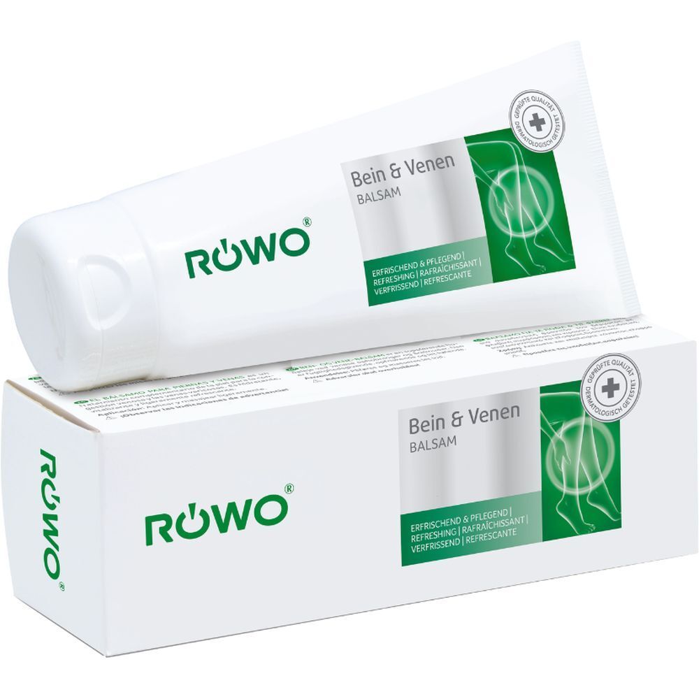Tube et emballage carton Röwo Bein- und Venenbalsam avec symbole veineux.
