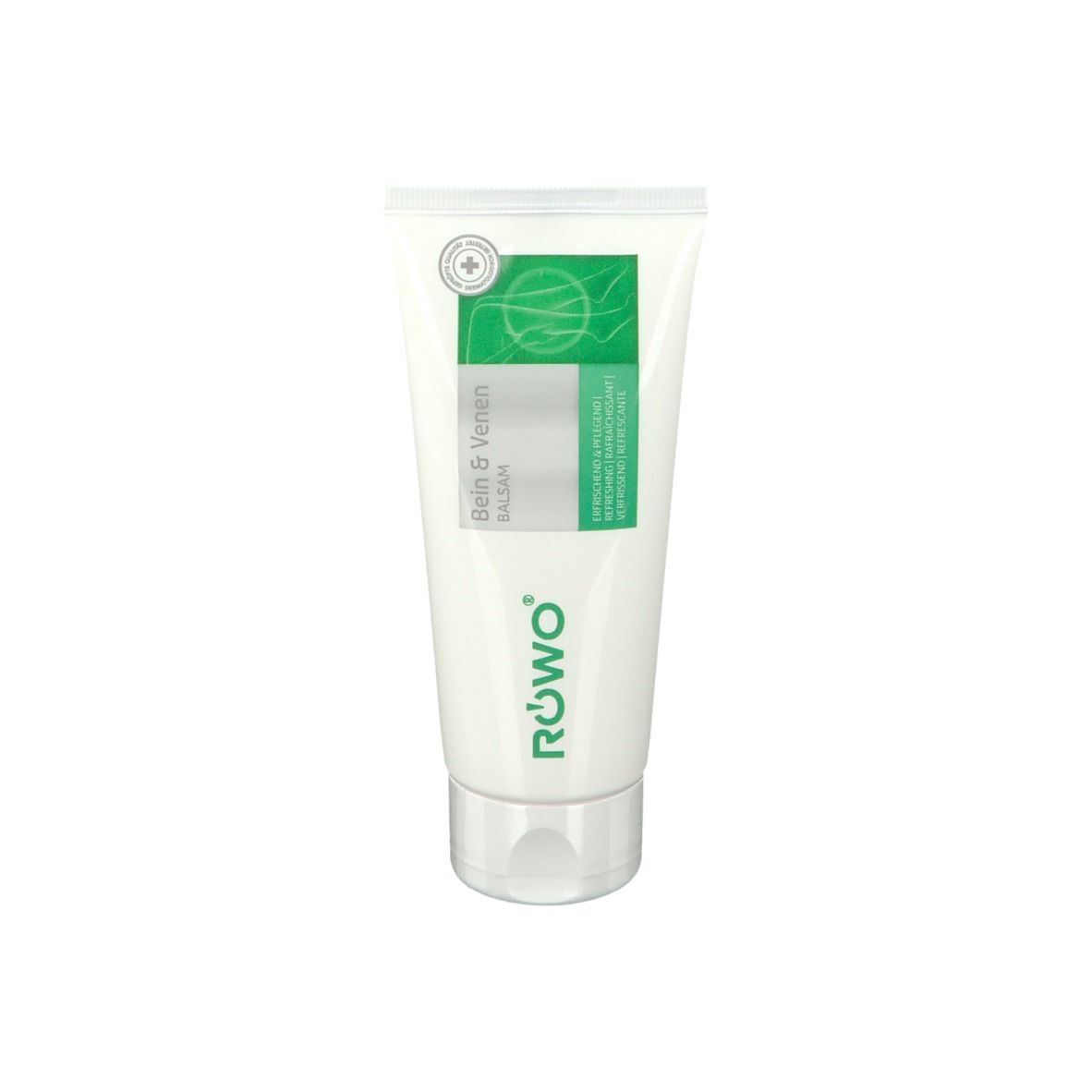 Tube blanche et verte de baume. Inscription : Bein & Venen Balsam. Logo : RÖWO.