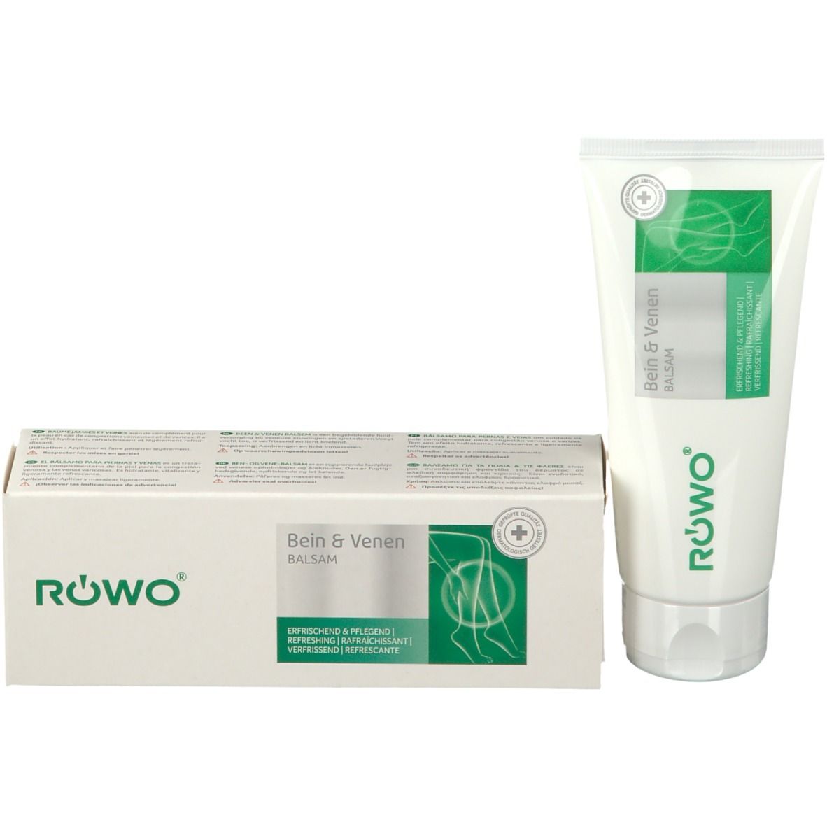 Tube et boîte. Inscription : Bein & Venen Balsam. Logo : RÖWO. Emballage avec produit.