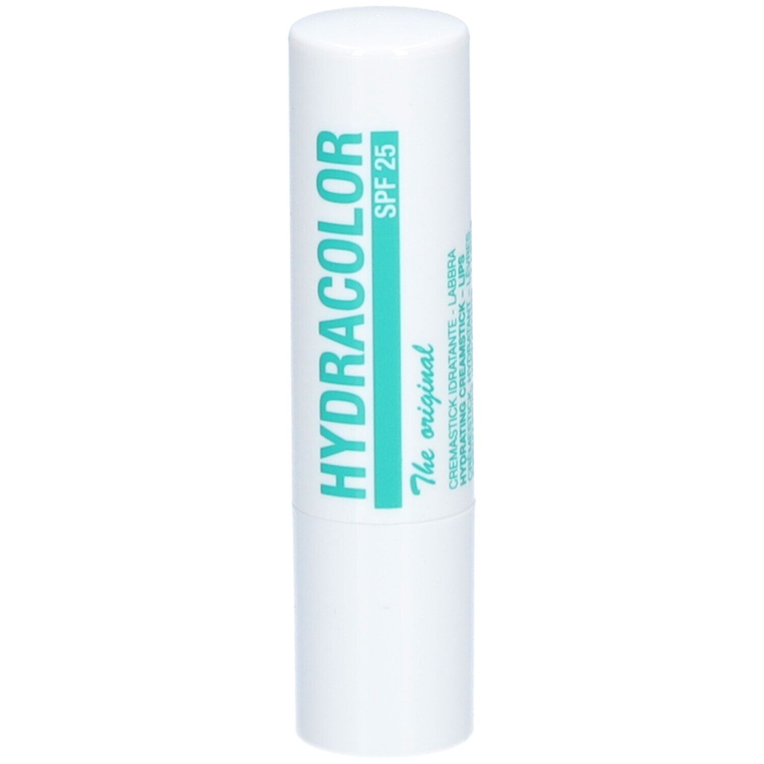 Stick à lèvres blanc avec texte vert. Inscription: HYDRACOLOR, SPF 25.