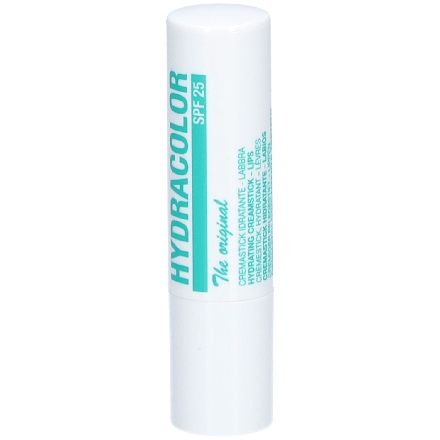 Stick à lèvres blanc avec texte vert. Inscription: HYDRACOLOR, SPF 25.