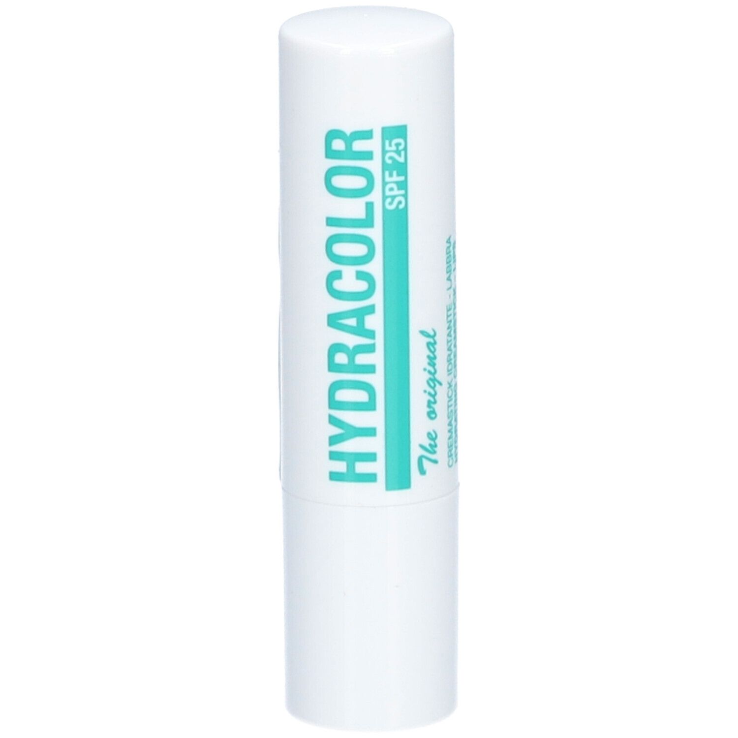 Stick à lèvres blanc avec texte vert. Inscription: HYDRACOLOR, SPF 25.