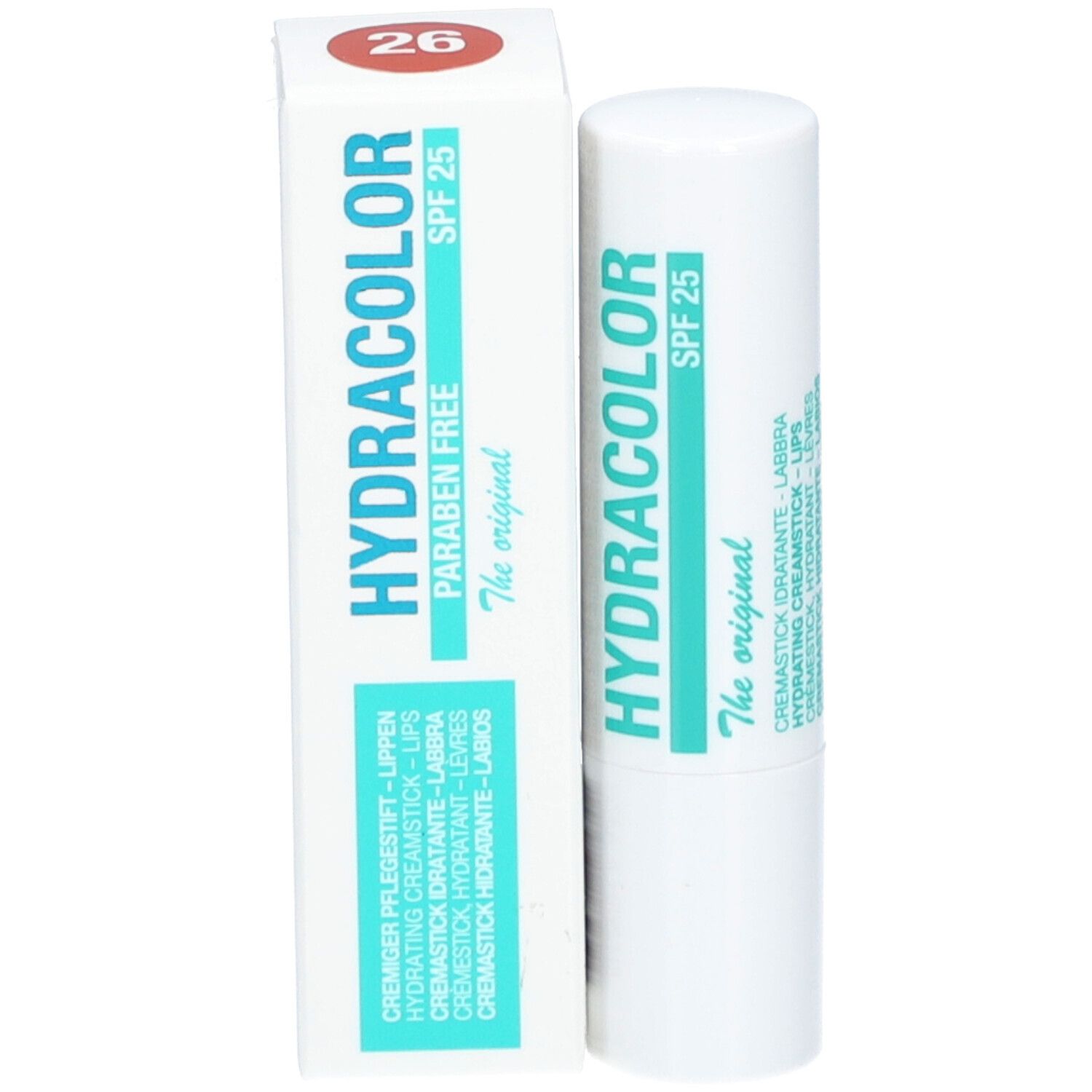 Stick à lèvres et emballage. Inscription: HYDRACOLOR, SPF 25, 26, Sans parabène.