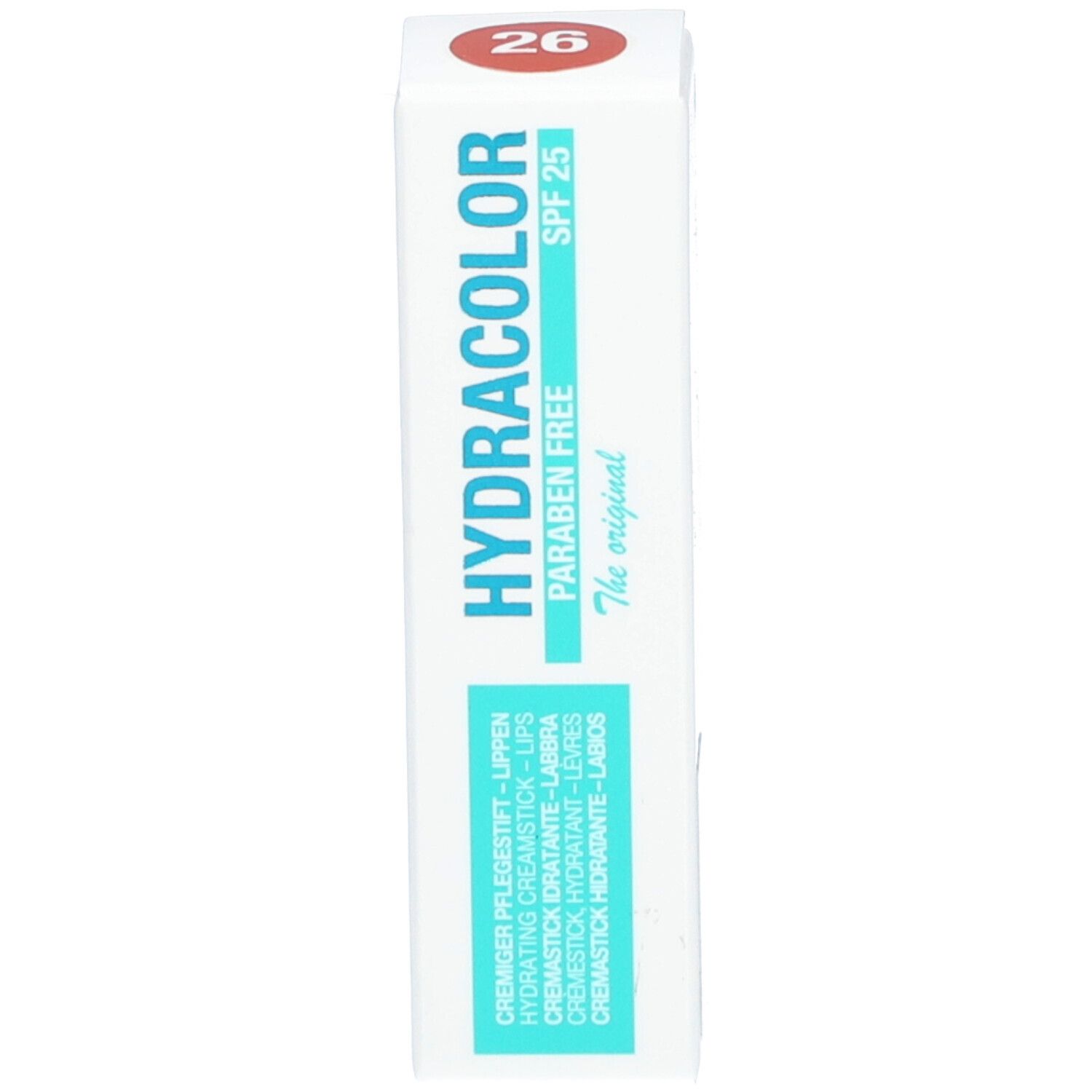 Emballage avec stick à lèvres. Inscription: HYDRACOLOR, SPF 25, 26, Sans parabène.