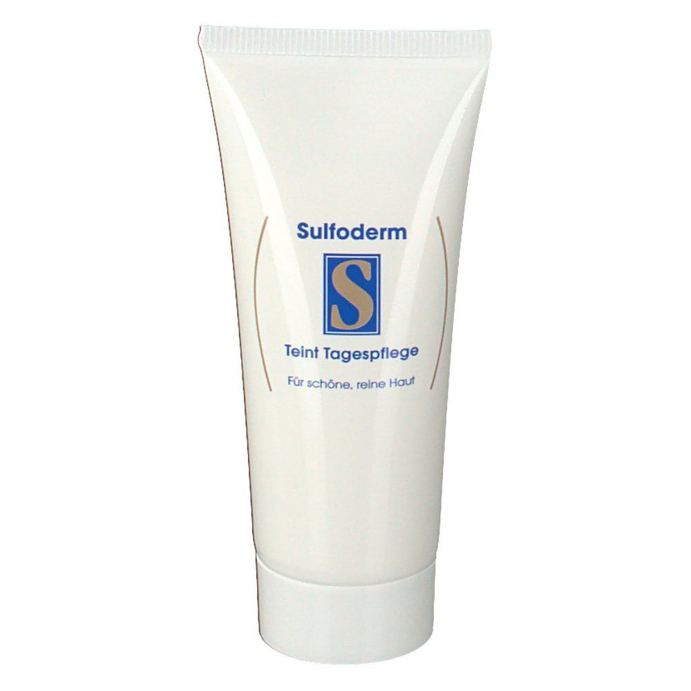 Tube blanche avec logo bleu et texte. Nom du produit: Sulfoderm S Teint Tagespflege. Sans parfum.