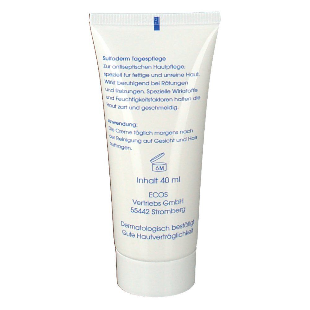 Tube blanc avec texte bleu. Nom du produit: Sulfoderm Tagespflege. Contenu: 40 ml. Testé dermatologiquement.