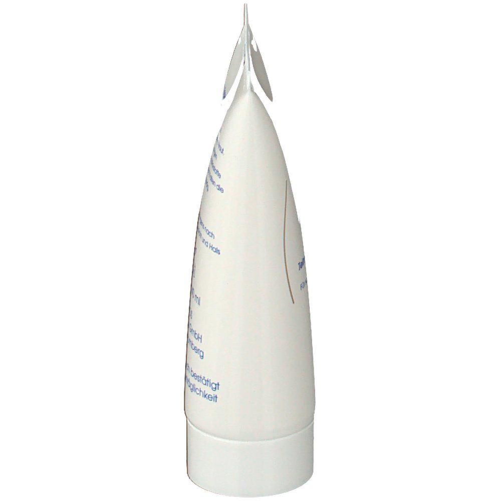 Vue latérale d'un tube blanc. Pointu en haut, avec texte. Bouchon à vis blanc en bas.
