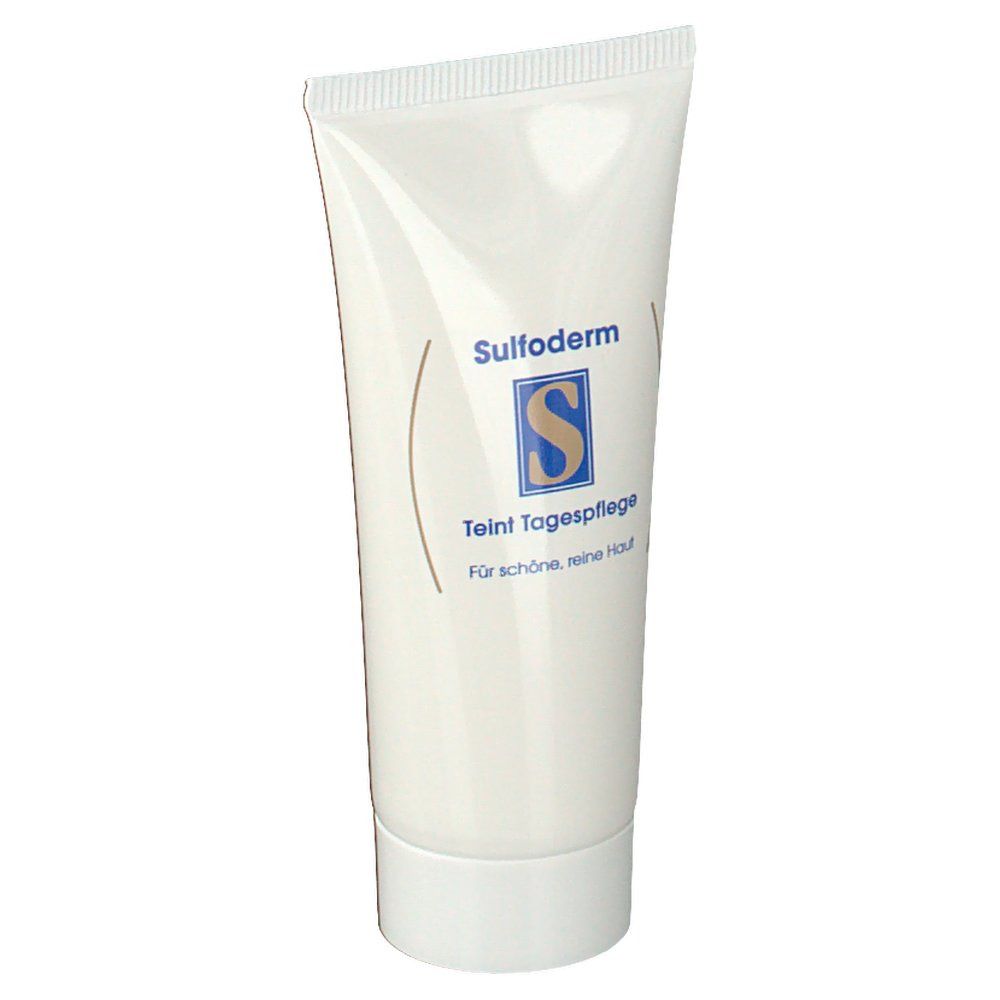 Tube blanc avec logo bleu et texte. Nom du produit: Sulfoderm S Teint Tagespflege. Pour une belle peau pure.