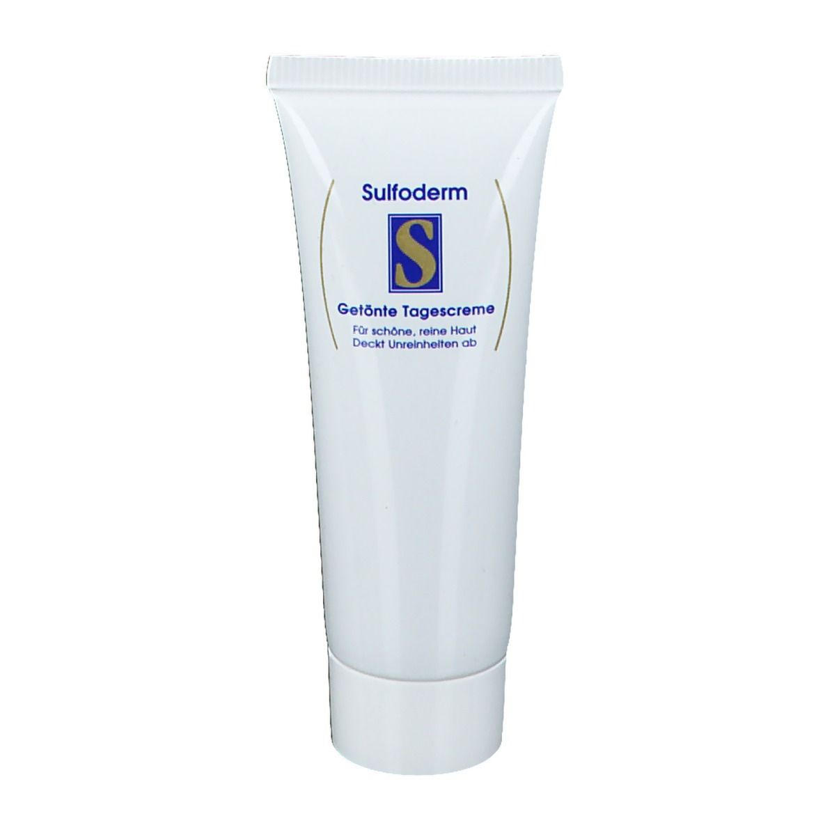 Tube blanche Sulfoderm, crème de jour teintée. Bouchon en bas, vue du produit.