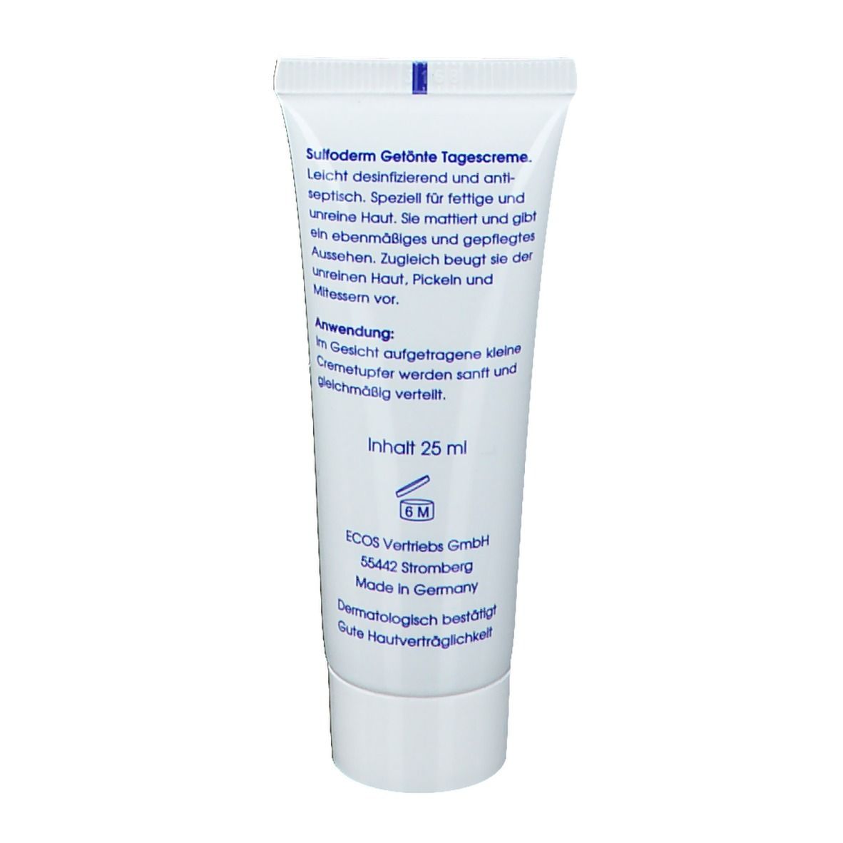 Dos du tube. Texte: Sulfoderm crème de jour teintée, contenu 25 ml, symbole 6M, fabricant.