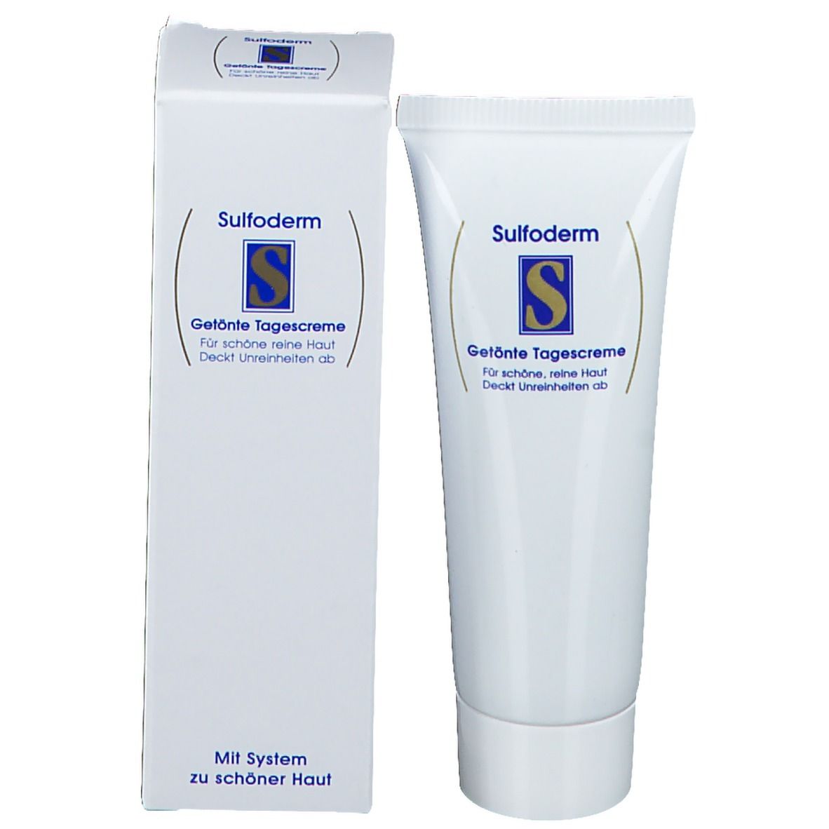 Emballage du produit: tube et boîte. Inscription: Sulfoderm crème de jour teintée. Avec système pour une belle peau.