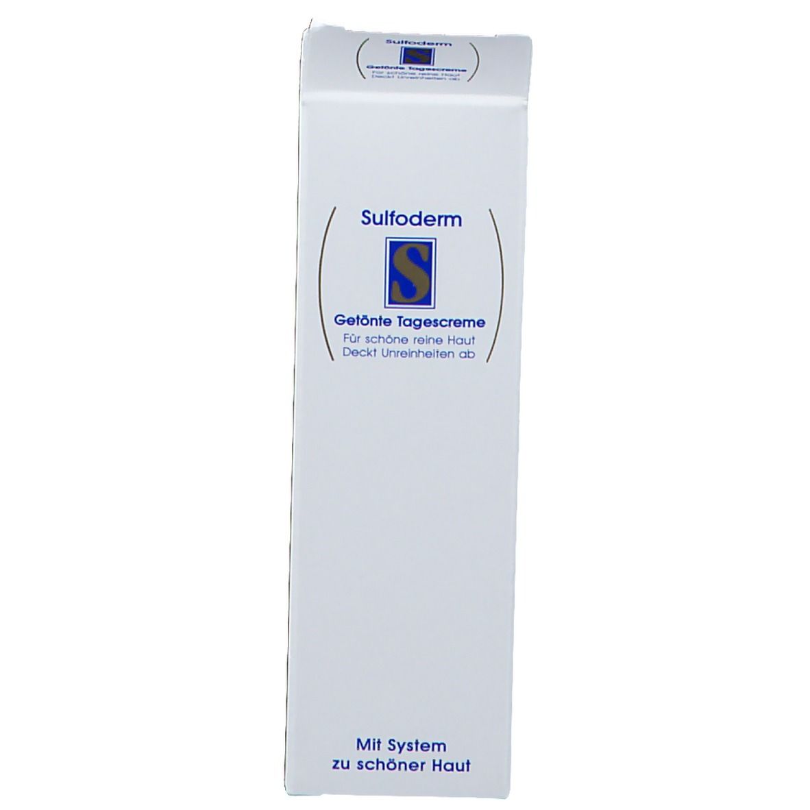 Boîte blanche avec inscription bleue Sulfoderm, crème de jour teintée. Avec système pour une belle peau.