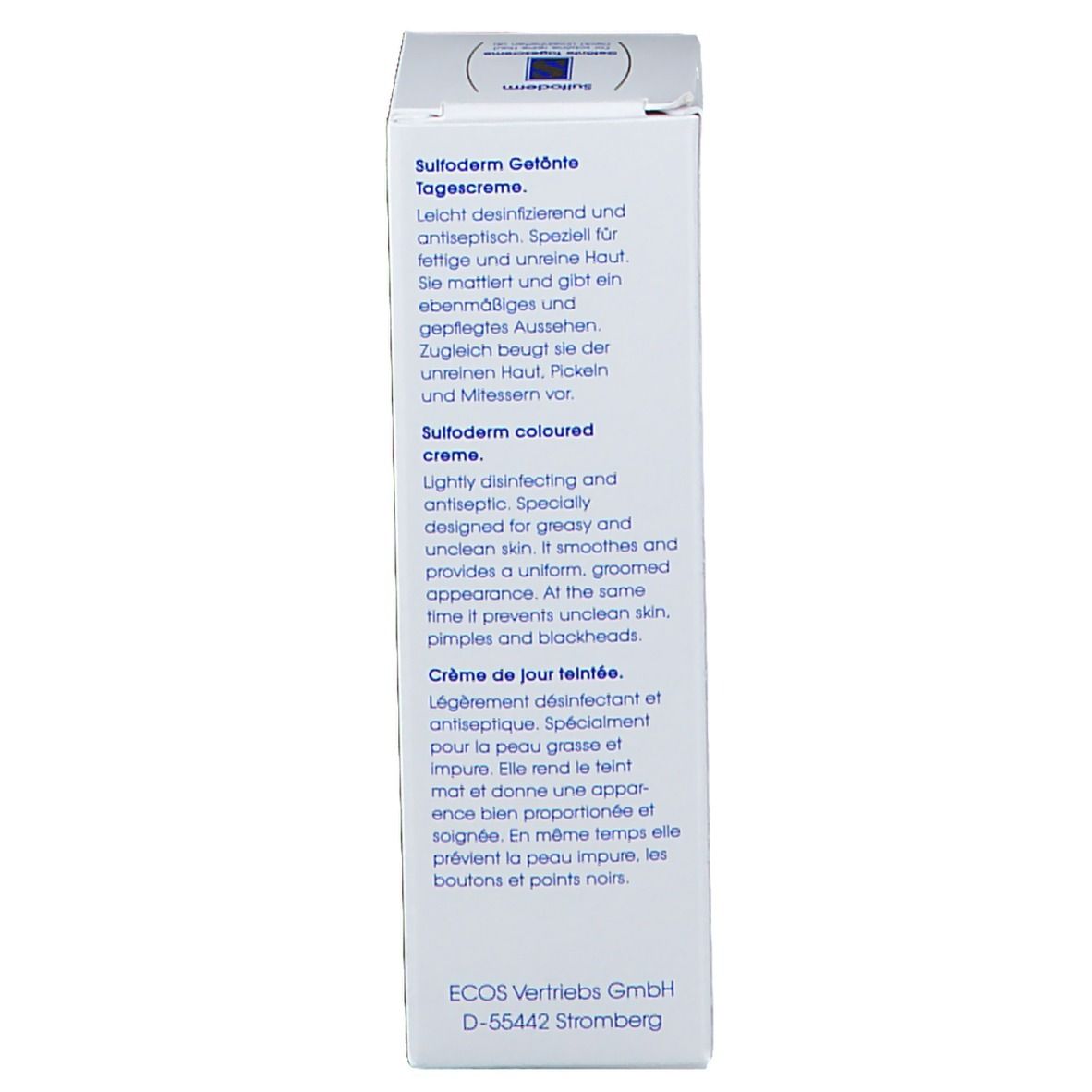 Côté de la boîte. Texte: Sulfoderm crème de jour teintée. Description, contenu 25 ml, fabricant.