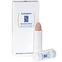 Boîte et bâton blancs. Inscription : SULFODERM® S Teint Stick Naturel. Bâton avec pointe beige.