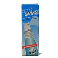 Emballage bleu et blanc avec anti svet. Flacon pulvérisateur avec tête de pulvérisation.