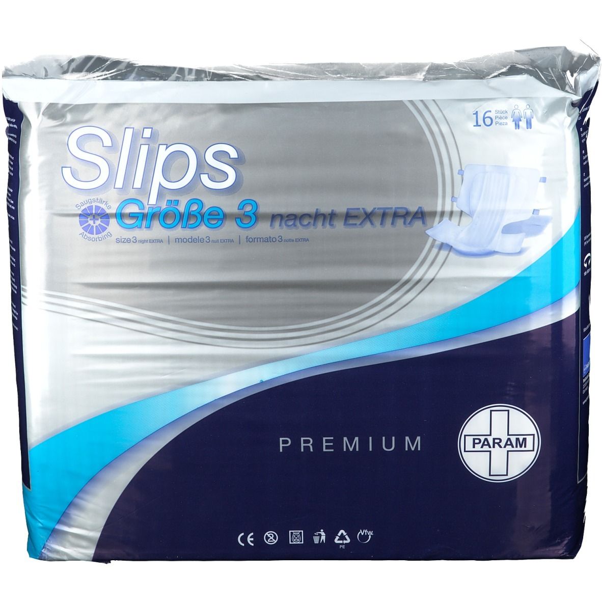 Paquet de protections contre l'incontinence. Inscription : Slips, Taille 3 nuit EXTRA. Logo : PARAM. 16 pièces.