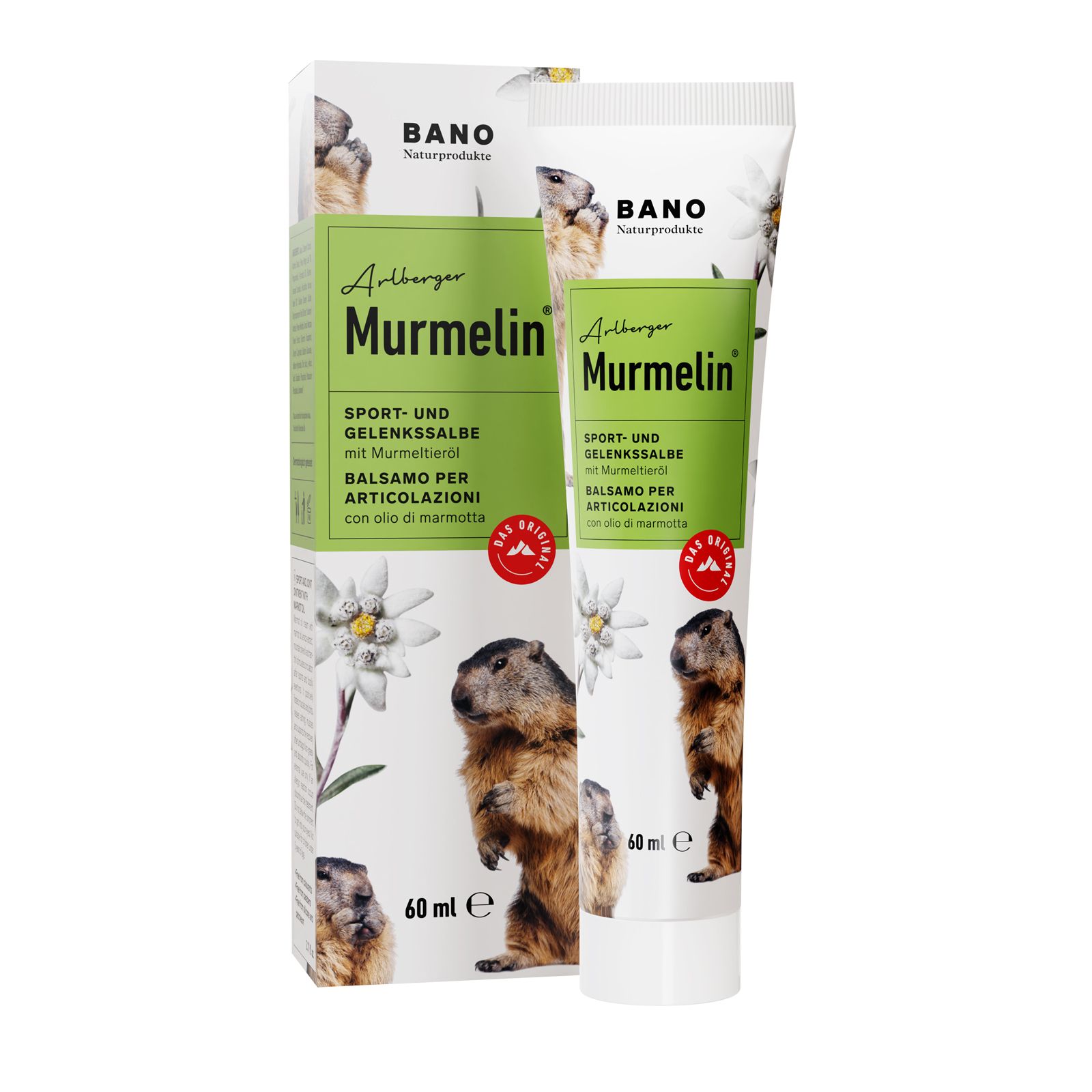 Tube et boîte de Murmelin Sport- und Gelenksalbe. Inscription: 60 ml. BANO Naturprodukte.
