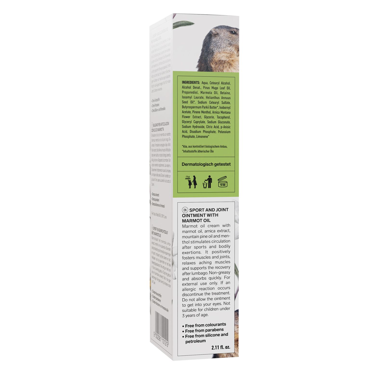 Dos de la boîte. Ingrédients, instructions. Testé dermatologiquement. Sans colorants, parabènes et pétrole.