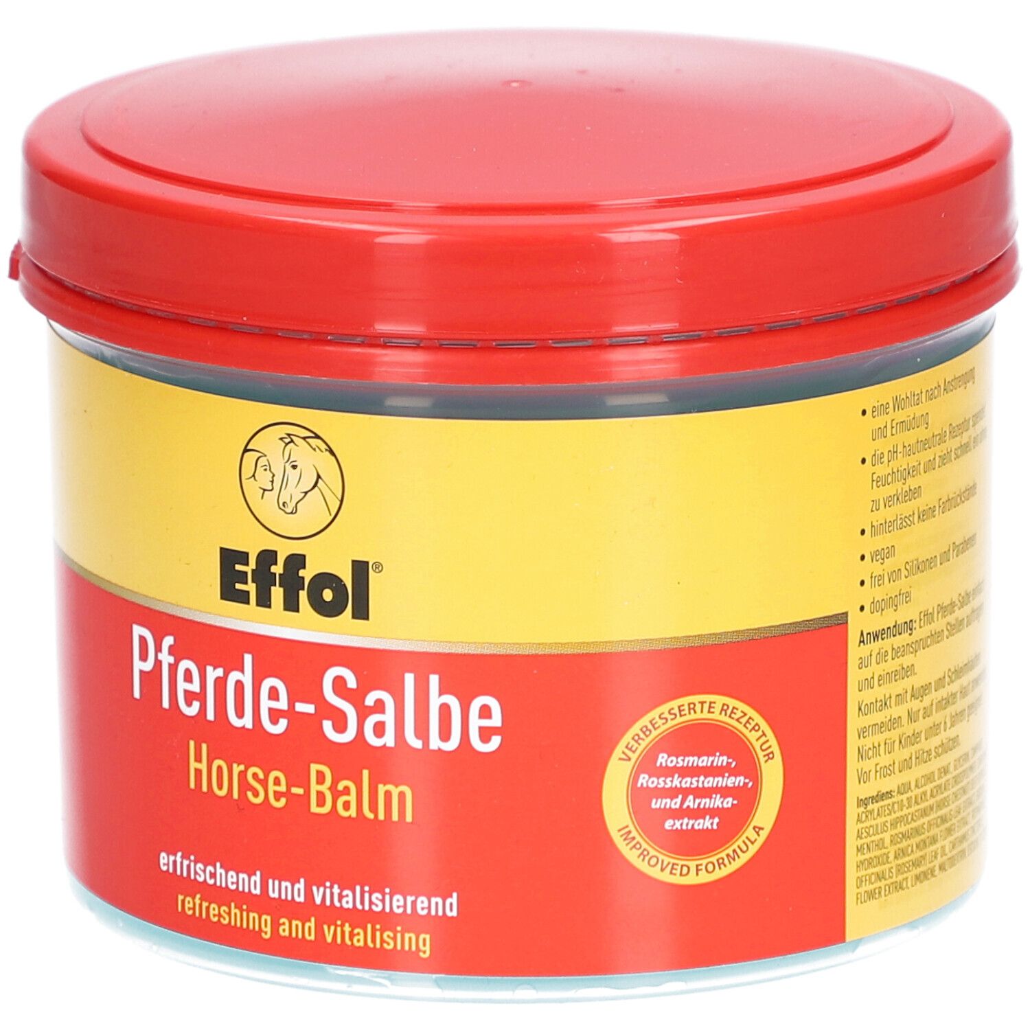 Pot rond avec couvercle rouge et étiquette jaune et rouge. Inscription : Effol Pferde-Salbe, Horse-Balm. Contient 500 ml. Informations produit.