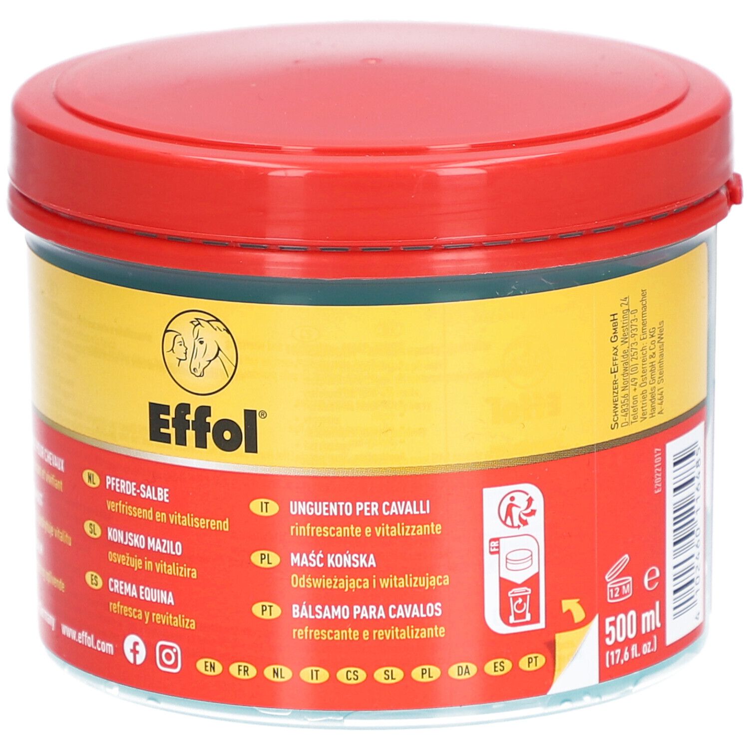 Pot rond avec couvercle rouge et étiquette jaune et rouge. Inscription : Effol Pferde-Salbe, Horse-Balm. Contient 500 ml. Informations produit multilingues.