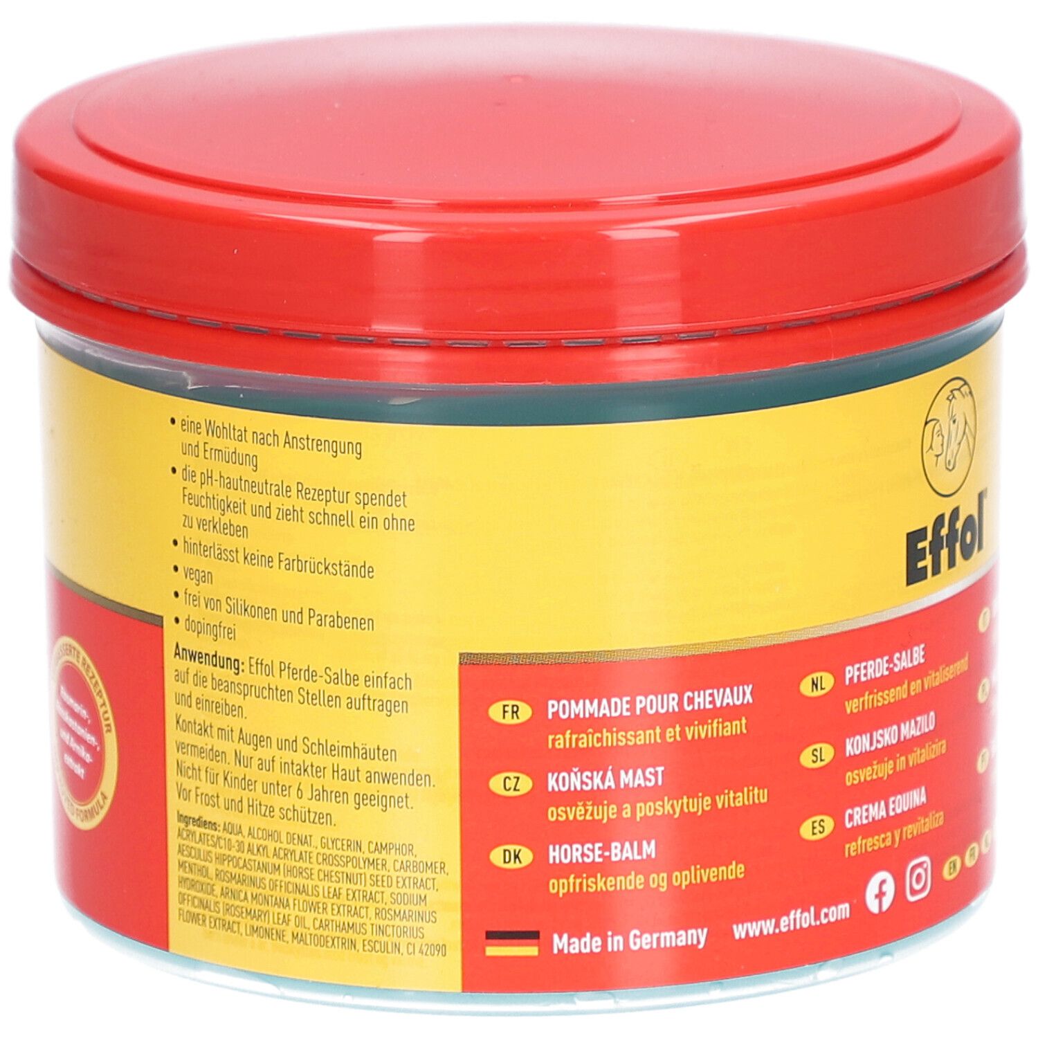 Pot rond avec couvercle rouge et étiquette jaune et rouge. Inscription : Effol Pferde-Salbe, Horse-Balm. Contient 500 ml. Informations produit.