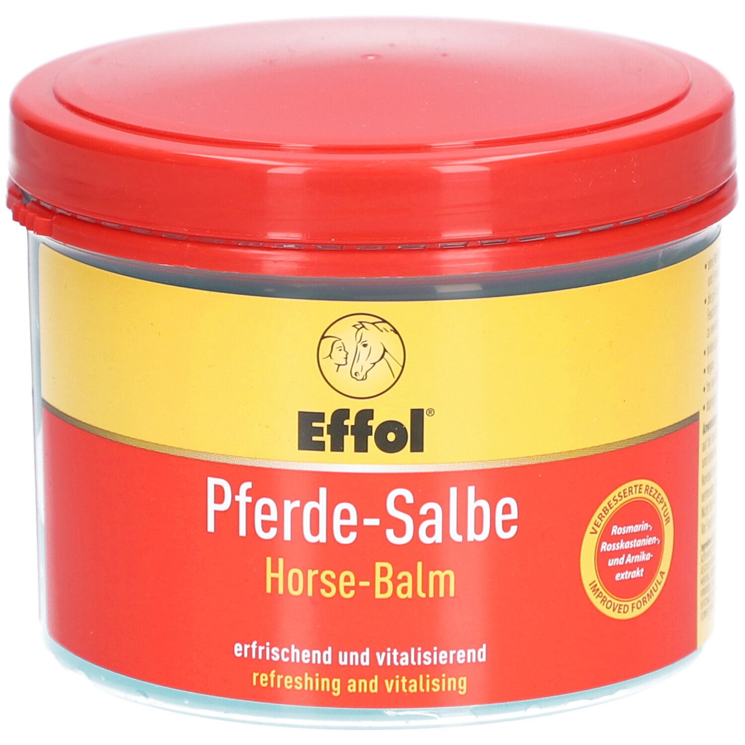 Pot rond avec couvercle rouge et étiquette jaune et rouge. Inscription : Effol Pferde-Salbe, Horse-Balm. Contient romarin, marron d'Inde et arnica.