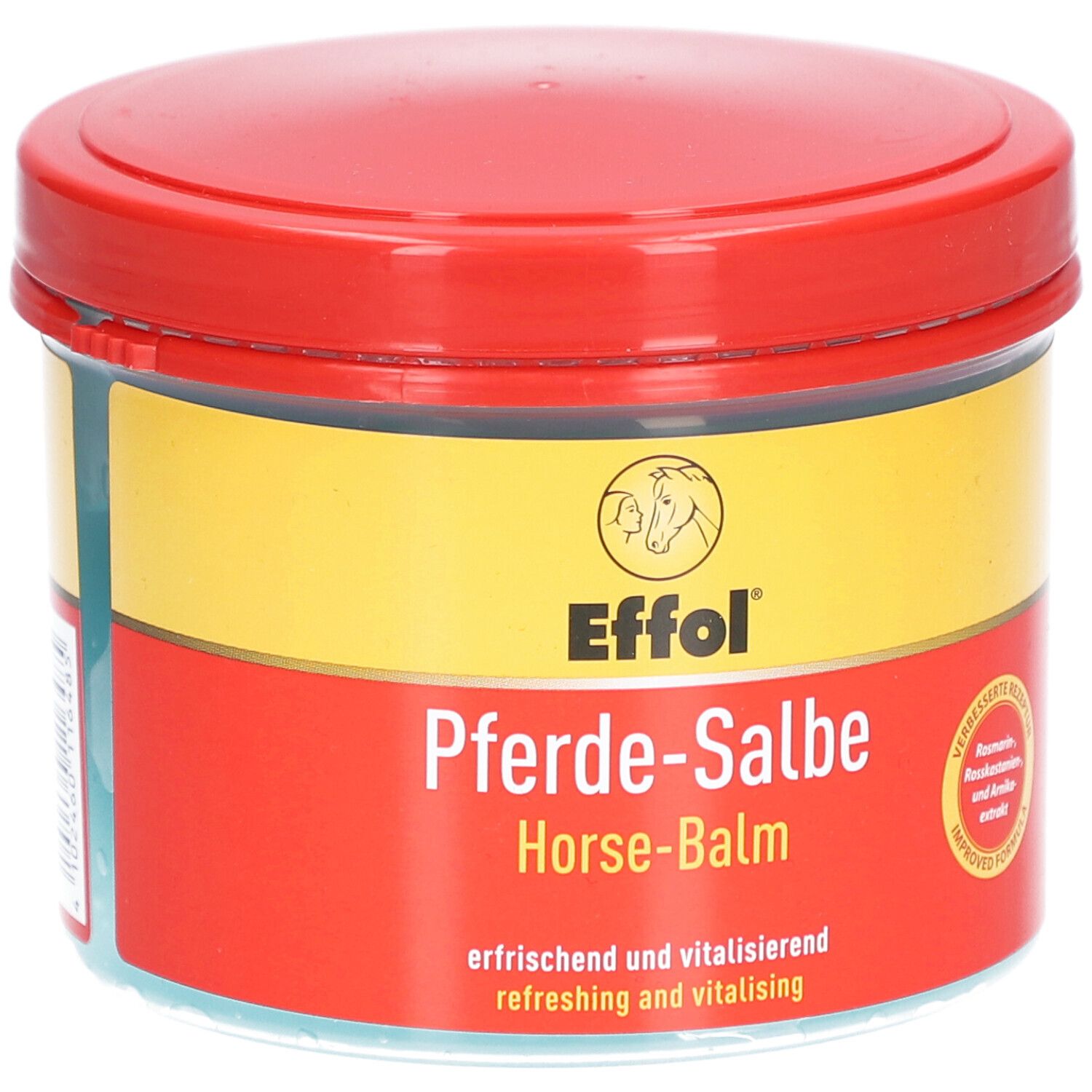 Pot rond avec couvercle rouge et étiquette jaune et rouge. Inscription : Effol Pferde-Salbe, Horse-Balm. Contient romarin, marron d'Inde et arnica.