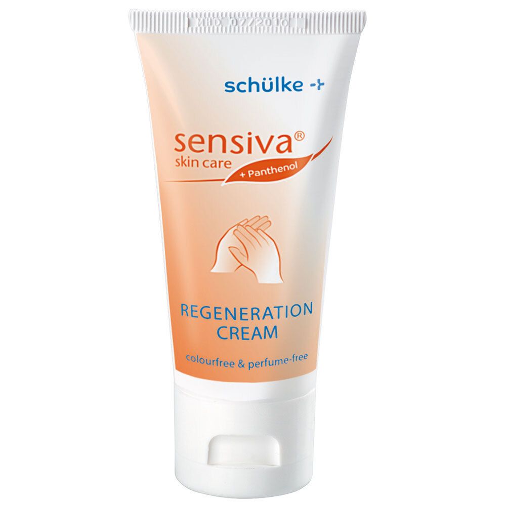 Tube de crème avec nom et logo du produit. Contient du panthénol. Inscription : Regeneration Cream, sans parfum ni colorant. Illustration de mains.
