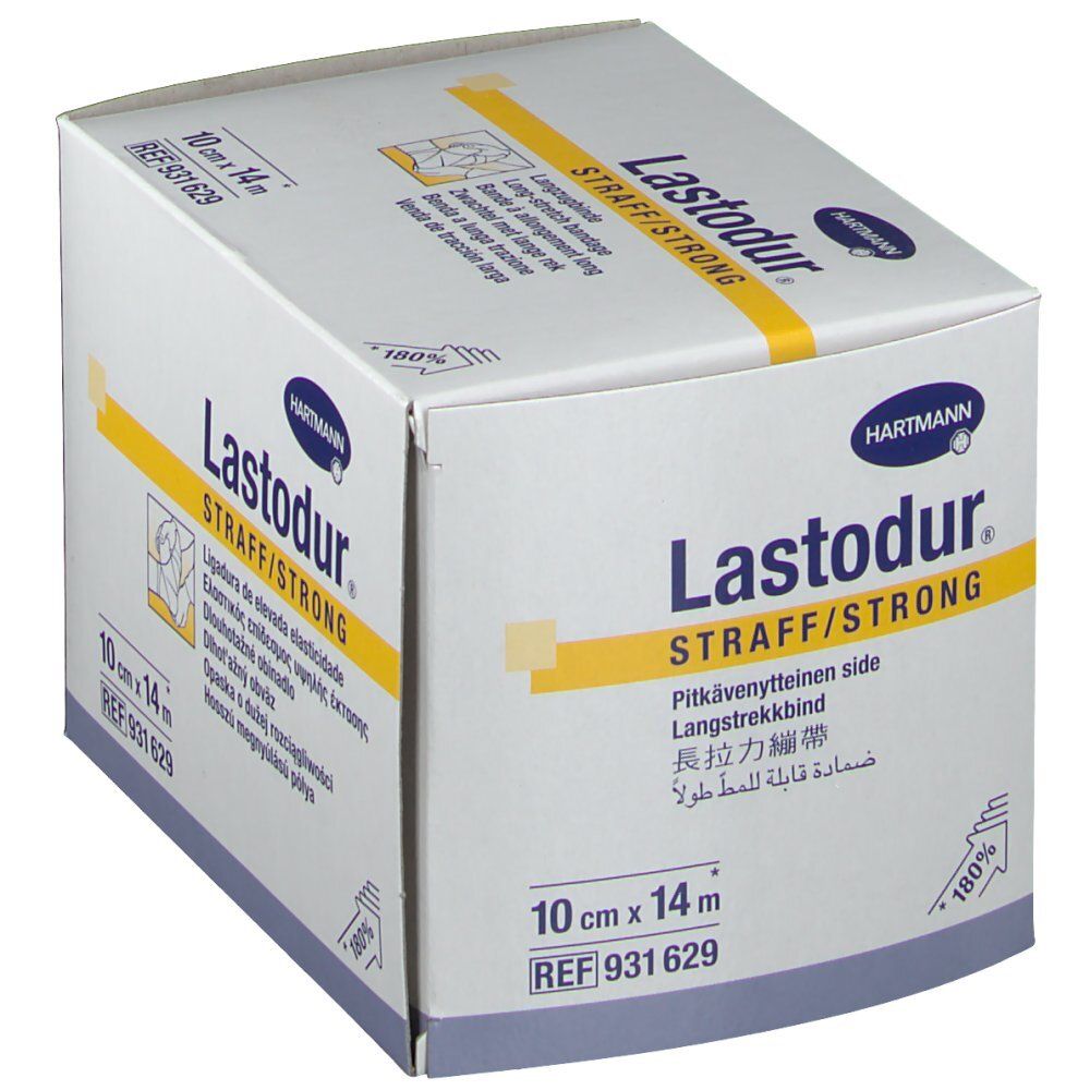 Emballage blanc incliné avec nom du produit et indication de taille. Inscription: Lastodur Straff/Strong, 10 cm x 14 m.