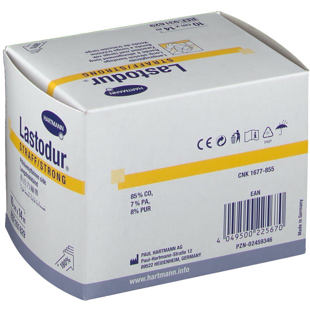 Emballage blanc avec nom du produit, indication de taille et composition. Inscription: Lastodur Straff/Strong, 10 cm x 14 m.