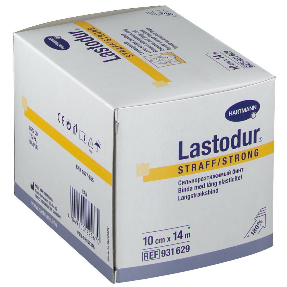 Emballage blanc avec nom du produit, indication de taille et certifications. Inscription: Lastodur Straff/Strong, 10 cm x 14 m.