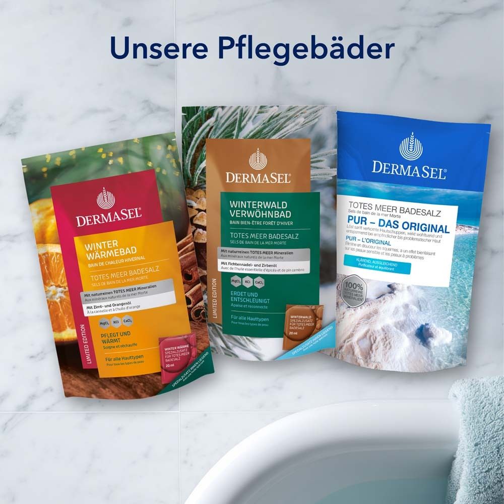 Trois bains DermaSel®. Bain Chaleur Hivernale, Bain Forêt Hivernale, Sel de bain de la mer Morte Pur. Baignoire en arrière-plan.