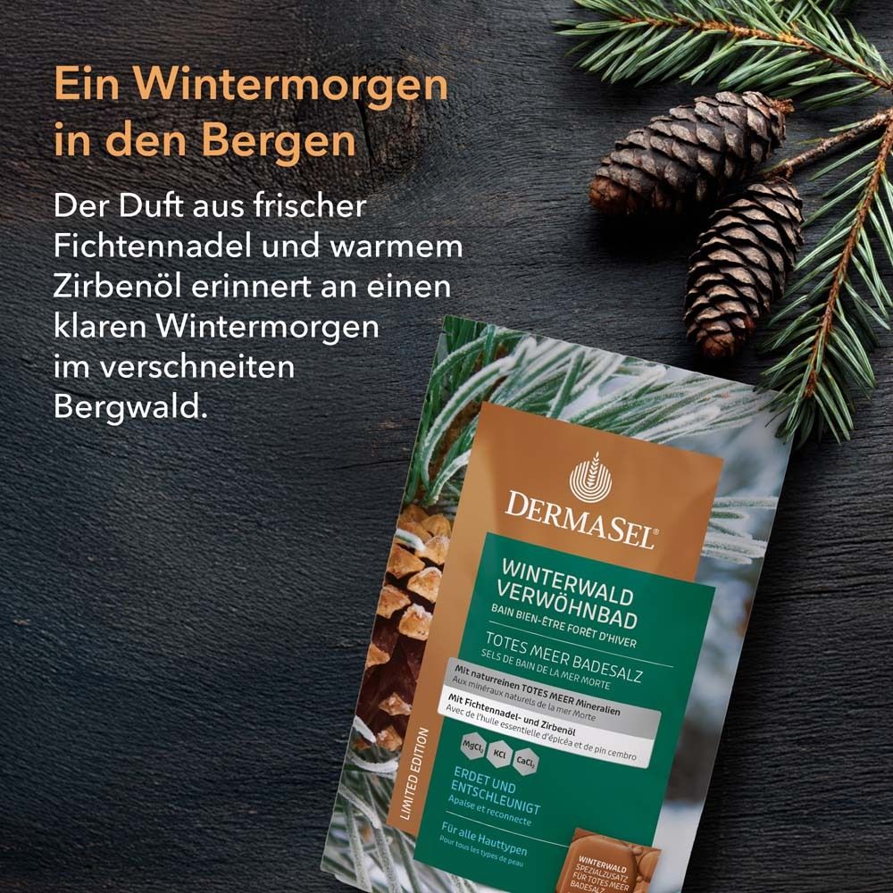 Emballage du produit avec texte: DermaSel Winterwald Verwöhnbad. Avec huile de pin et de sapin. Sur bois sombre. Branches de pin et cônes.