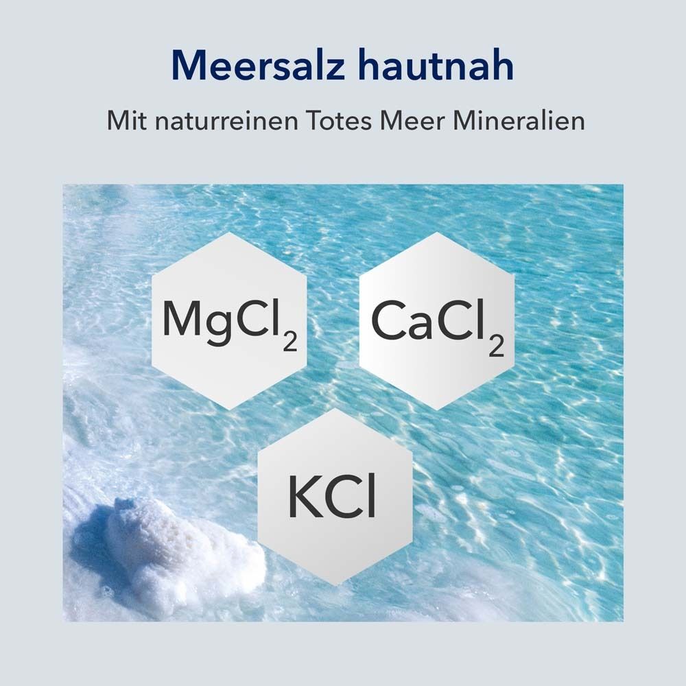 Graphique avec formules chimiques de minéraux : MgCl2, CaCl2, KCl. Texte : Avec minéraux naturels de la mer Morte.
