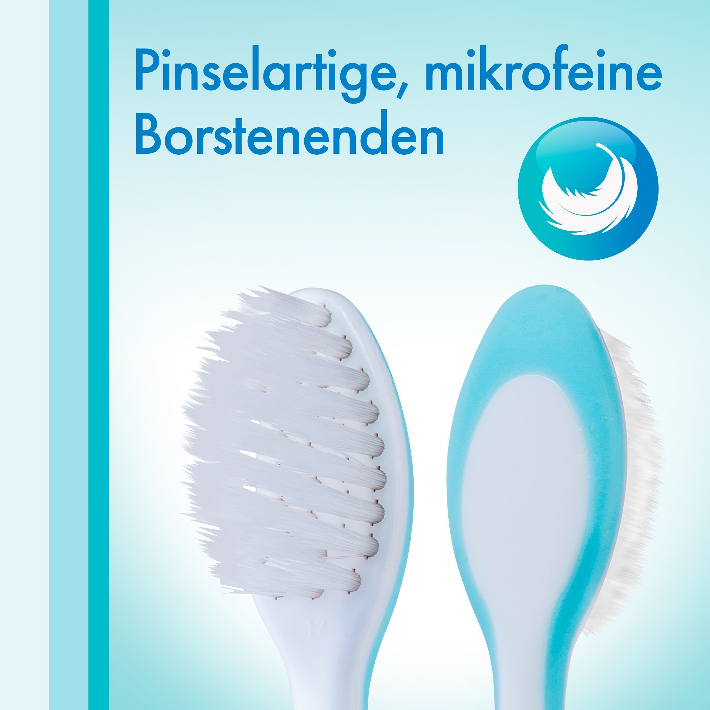 Gros plan sur les poils d'une brosse à dents. Texte : Extrémités des poils en forme de pinceau, micro-fines.