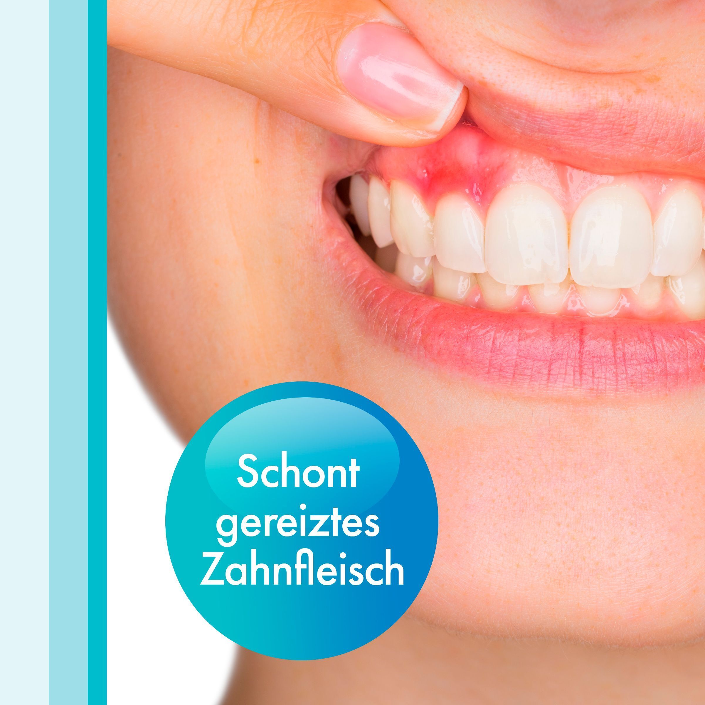 Gros plan sur les dents et les gencives. Texte : Protège les gencives irritées.