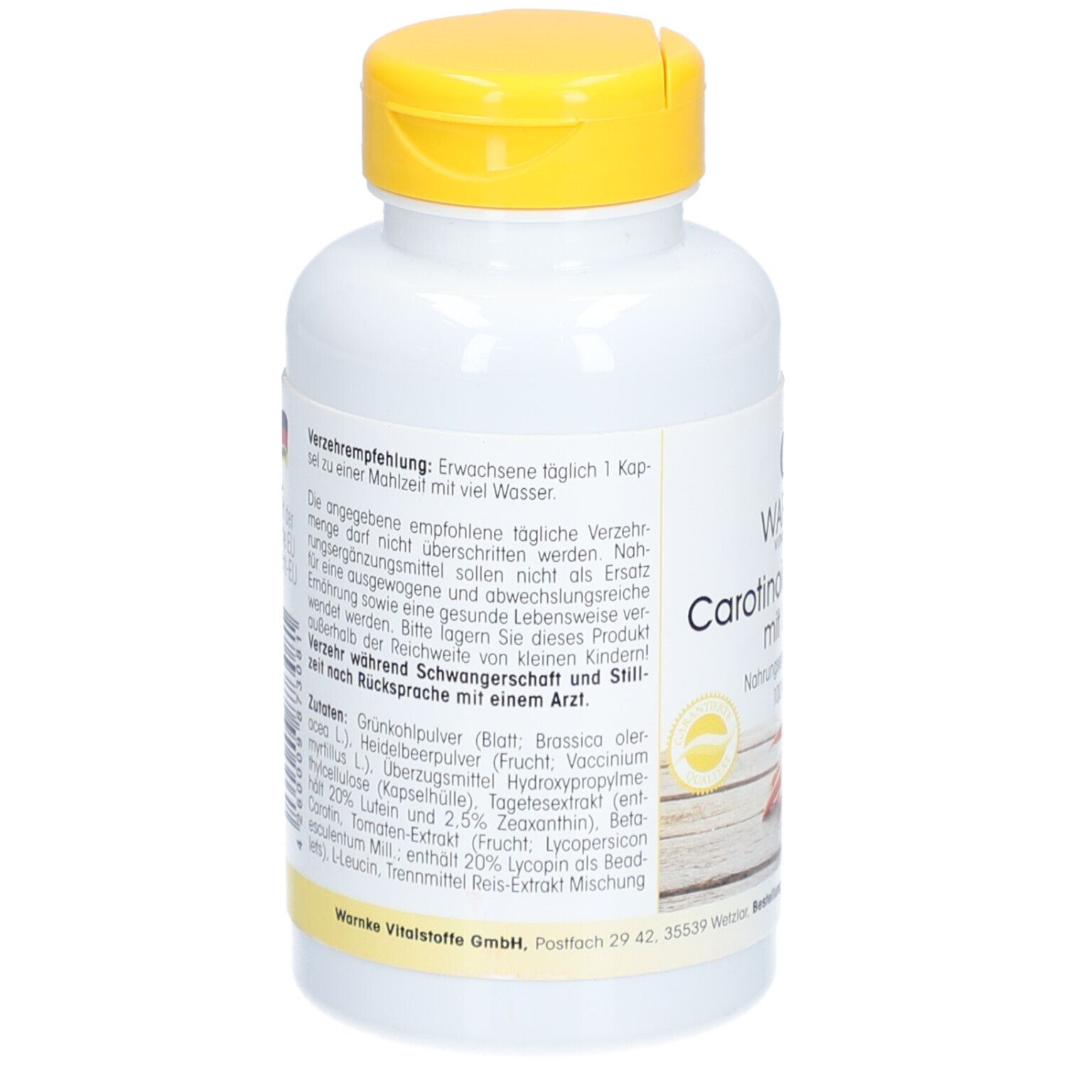 Dos du flacon blanc à bouchon jaune. Texte sur les recommandations de consommation et les ingrédients. Sans gluten et sans lactose.