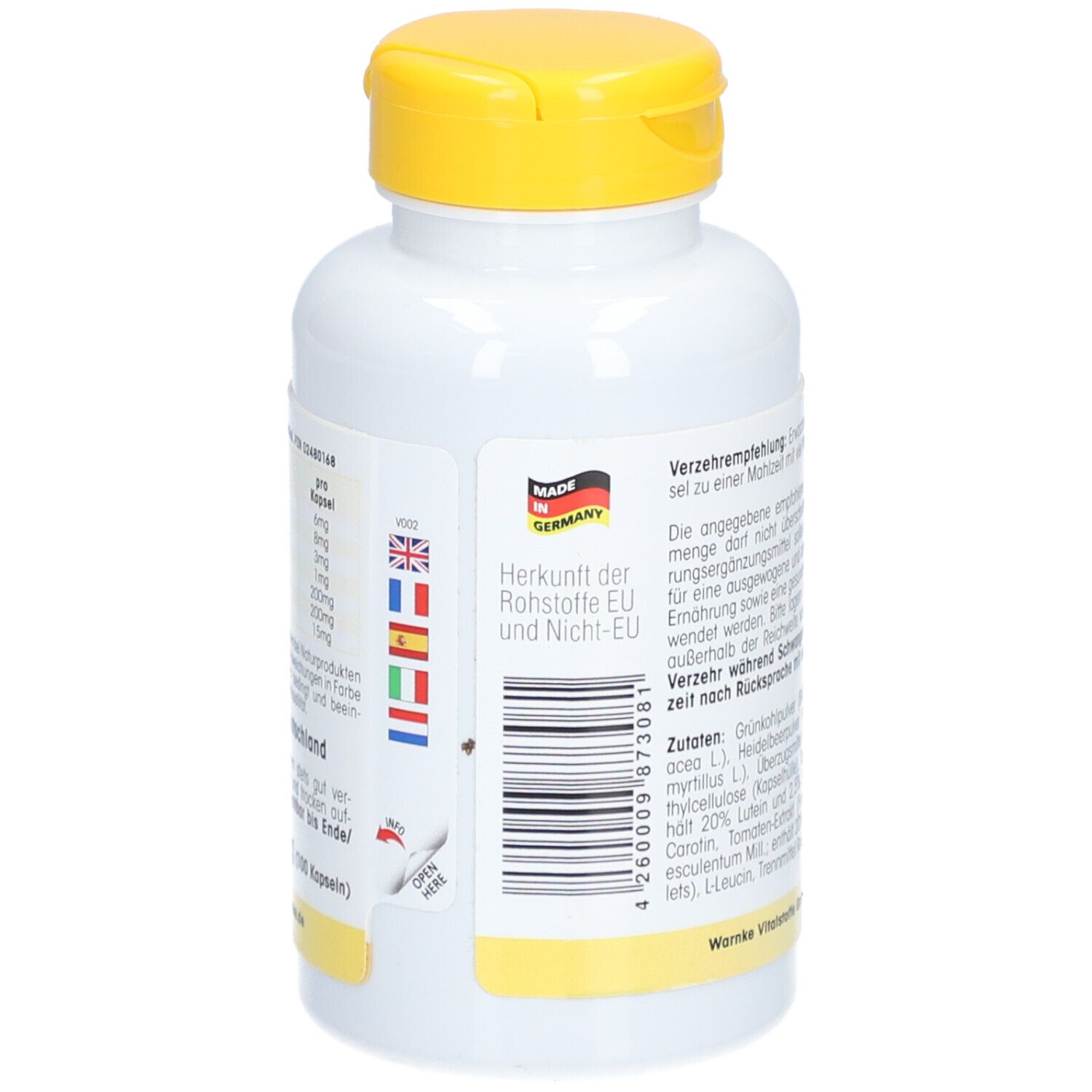 Dos du flacon blanc à bouchon jaune. Texte, code-barres et drapeaux. Fabriqué en Allemagne.