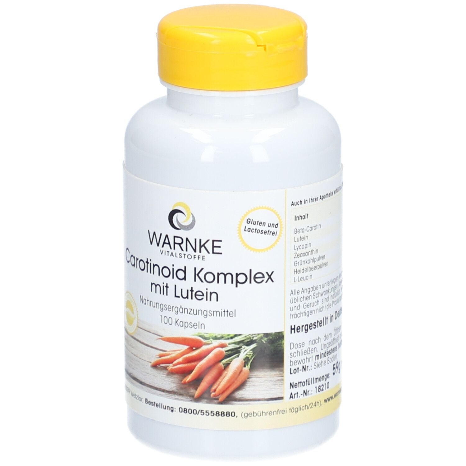 Flacon blanc à bouchon jaune. Inscription: WARNKE Vitalstoffe, Caroténoïde Komplex mit Lutein, 100 gélules. Sans gluten et sans lactose.