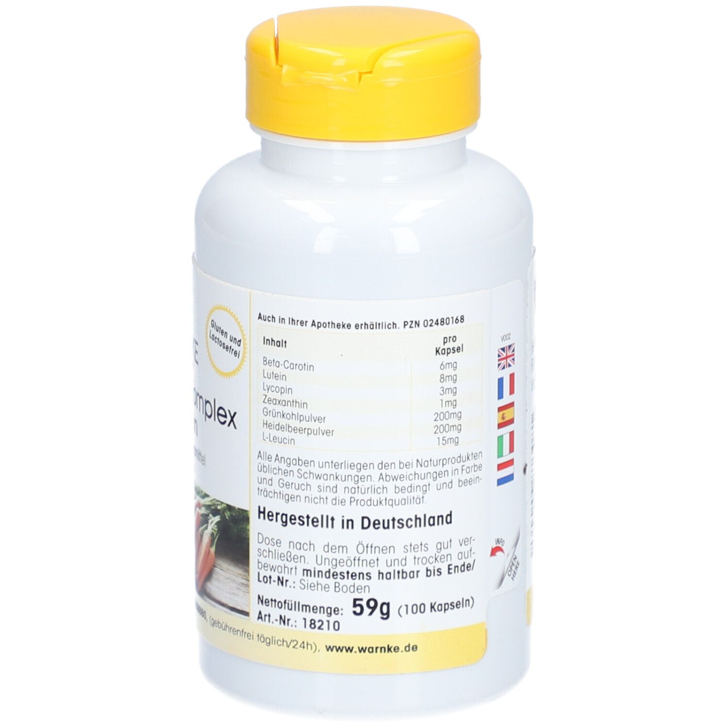 Dos du flacon blanc à bouchon jaune. Ingrédients, dosage, fabriqué en Allemagne. Poids net: 59g.