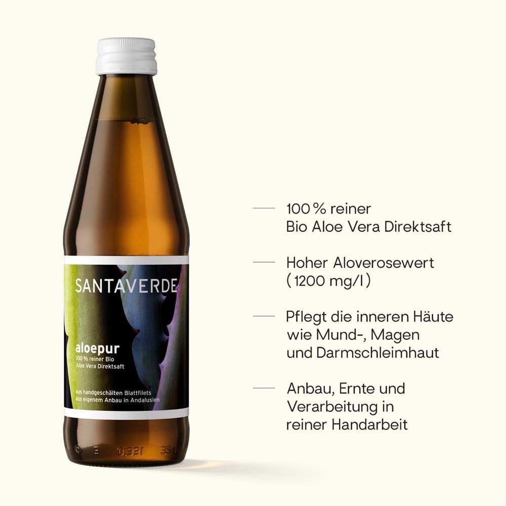 Bouteille brune avec bouchon blanc. Texte: 100% pur jus d'aloe vera bio. SANTAVERDE aloe pur.