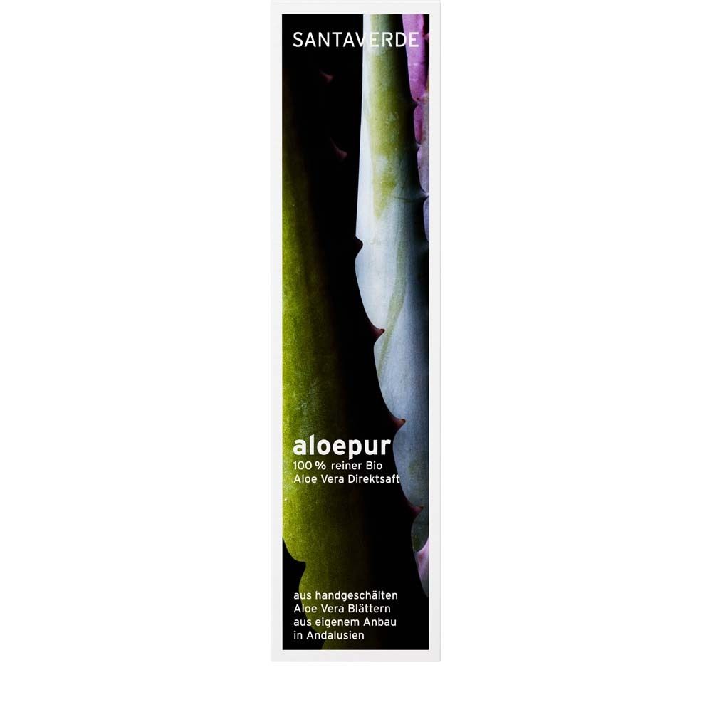 Étiquette étroite avec SANTAVERDE et aloe pur. Fond vert avec Aloe Vera.