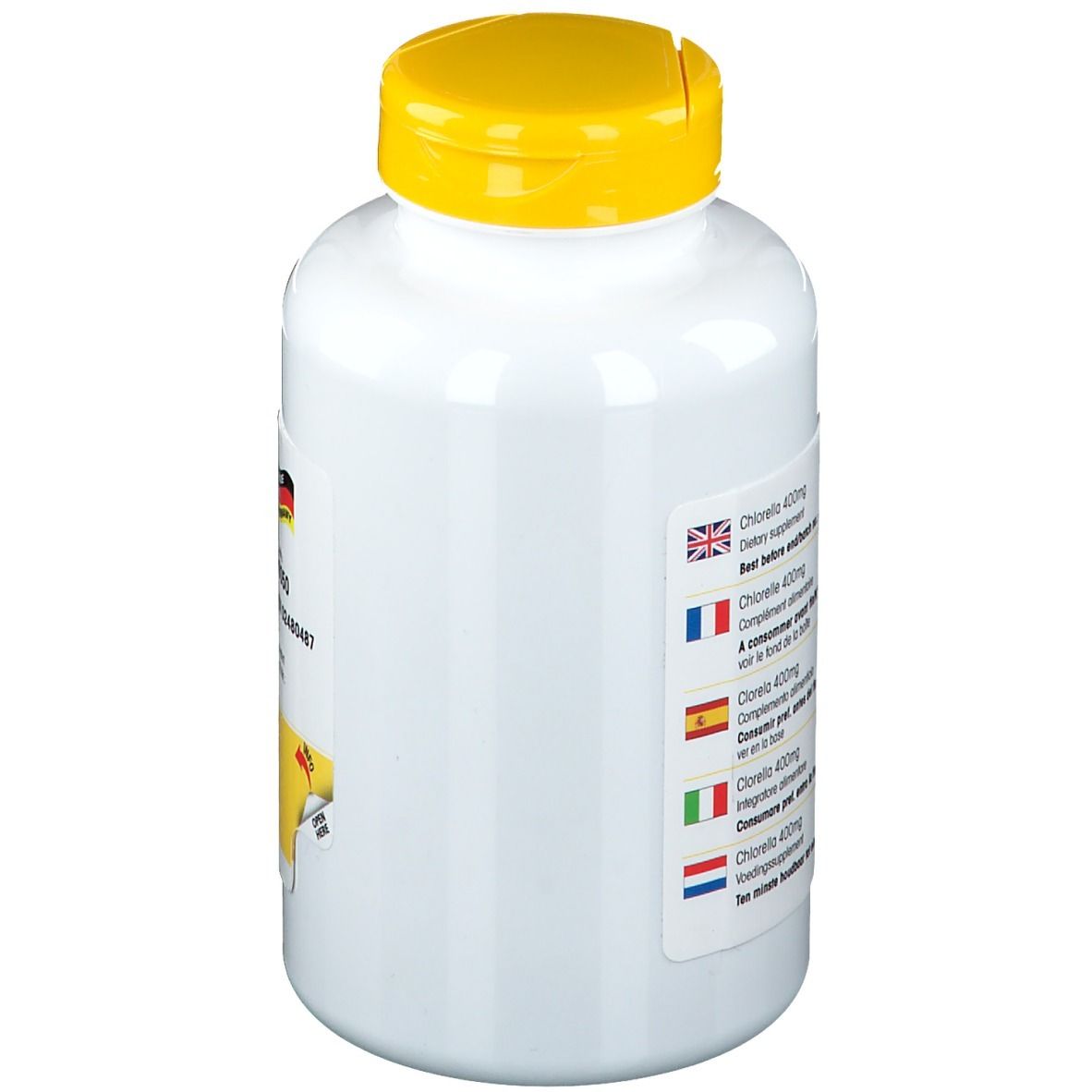 Flacon blanc à bouchon jaune. Inscription: Chlorella 400mg. Informations multilingues. Fabriqué en Allemagne.