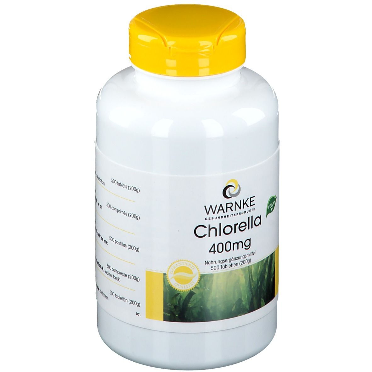 Flacon blanc à bouchon jaune. Inscription: WARNKE Chlorella 400mg. 500 comprimés. Label Vegan.