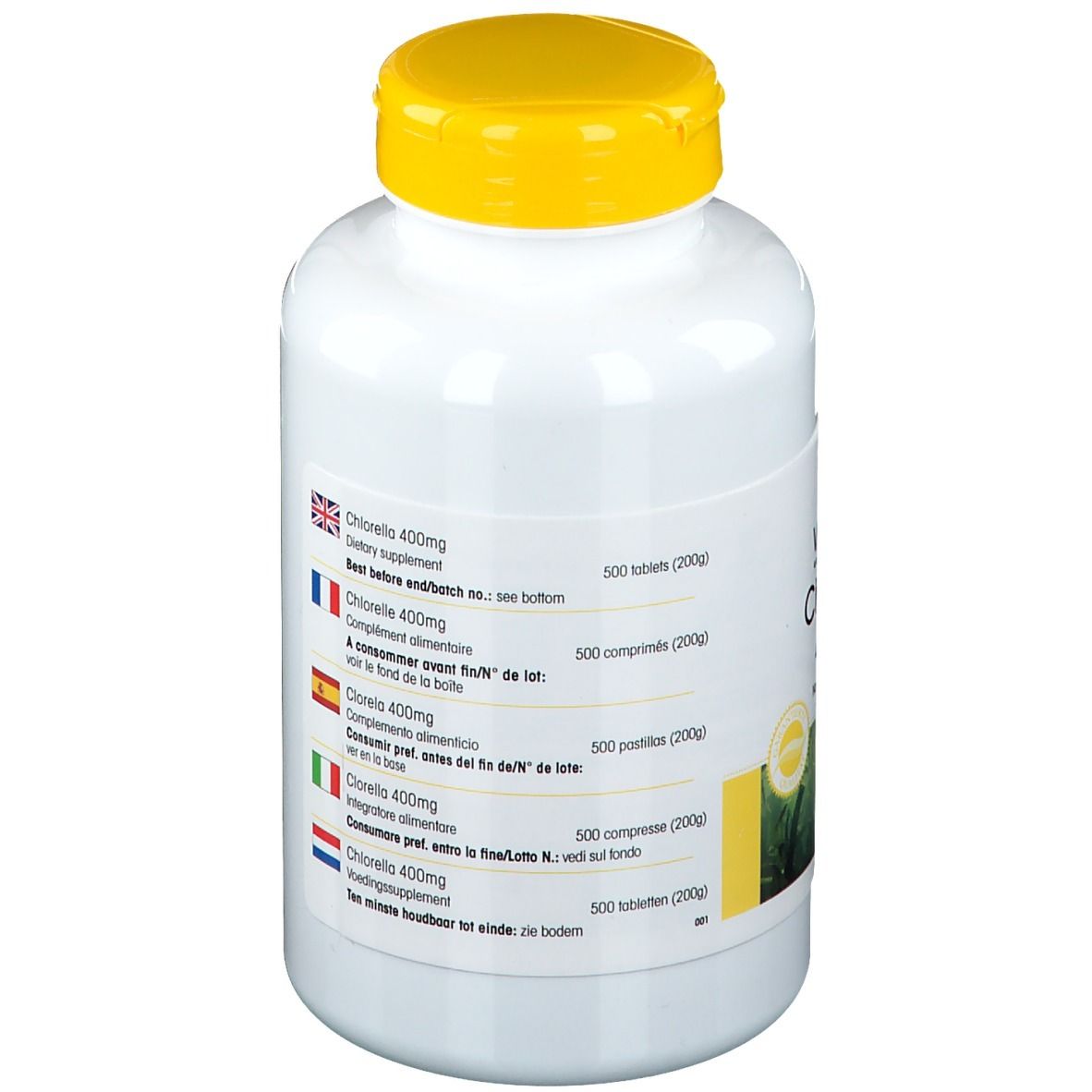 Dos du flacon blanc à bouchon jaune. Inscription: Chlorella 400mg. Informations multilingues. 500 comprimés.
