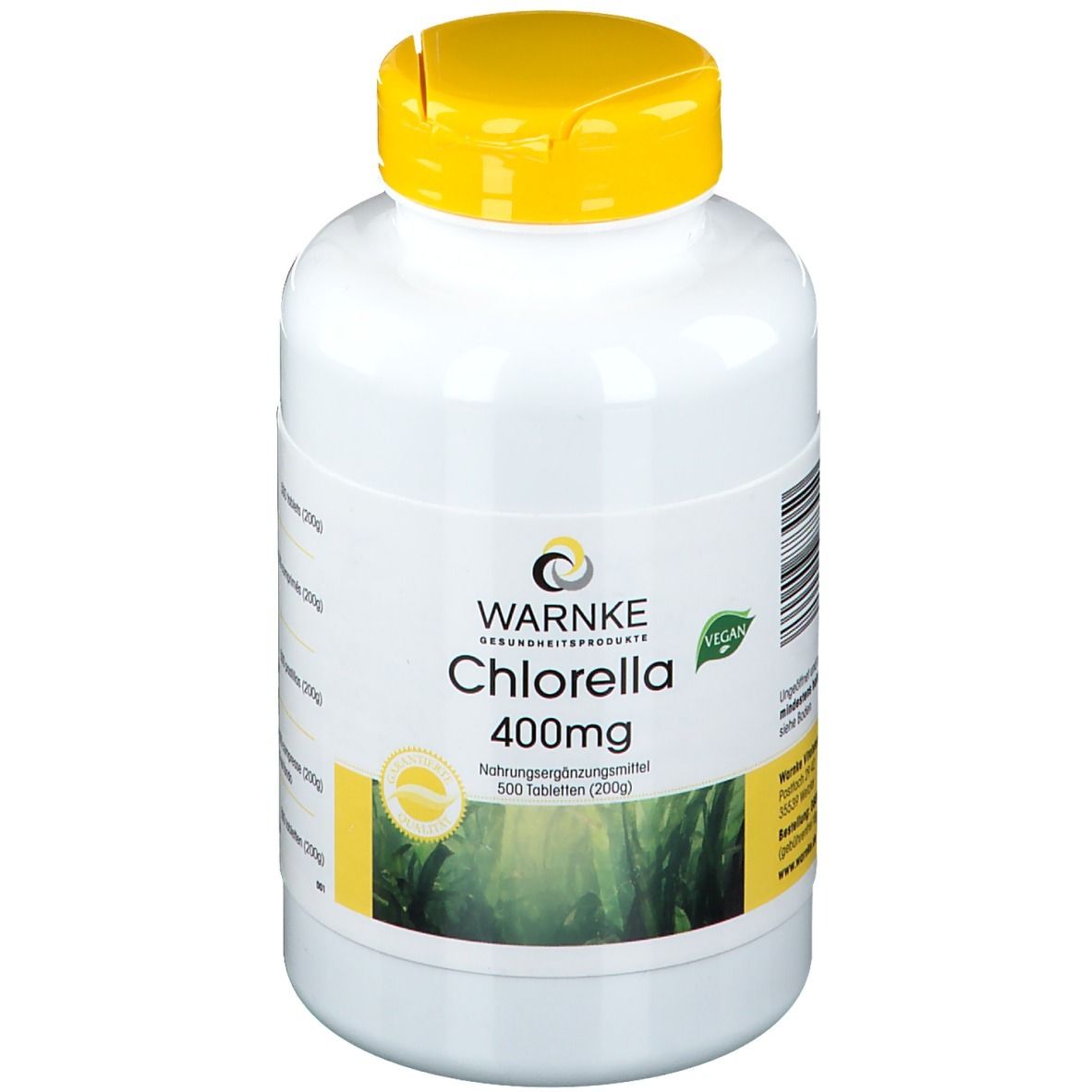 Flacon blanc à bouchon jaune. Inscription: WARNKE Chlorella 400mg. Label Vegan. 500 comprimés.