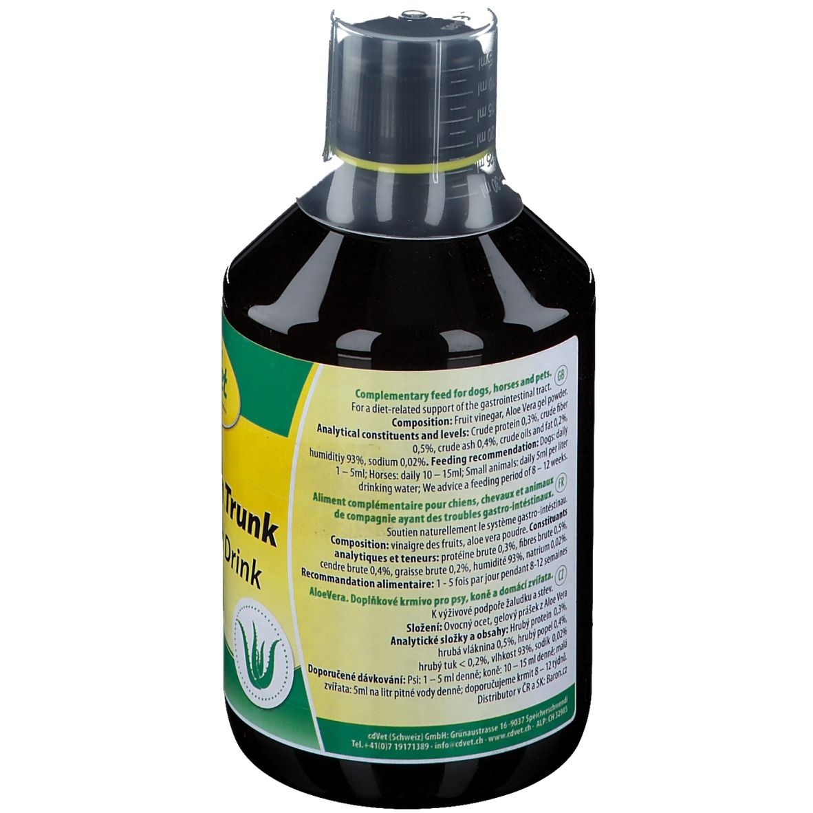 CdVet Aloe Vera Trunk, bouteille 500ml. Aliment complémentaire pour chiens, chats et chevaux.