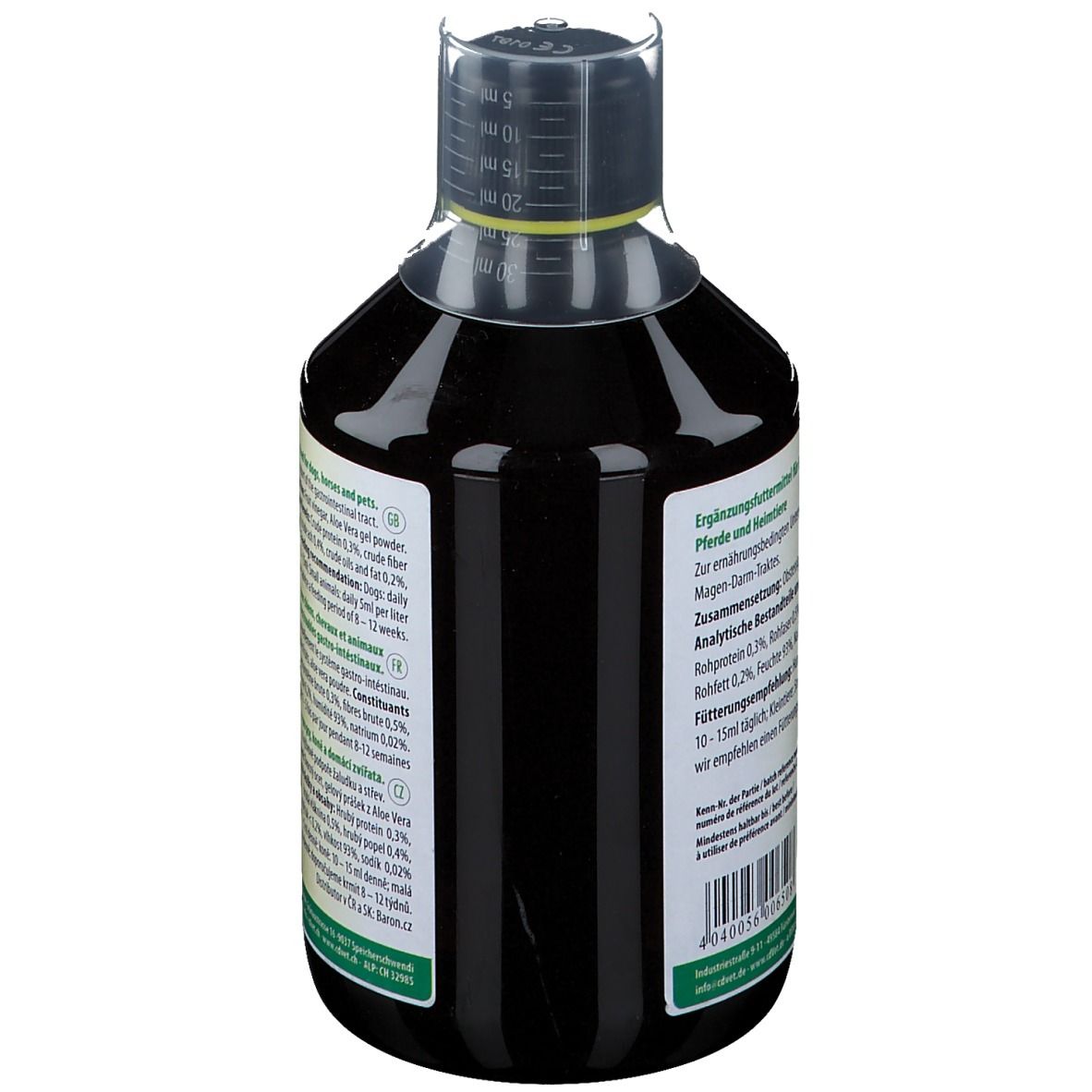 Bouteille noire avec gobelet doseur, cdVet AloeVera Trunk.