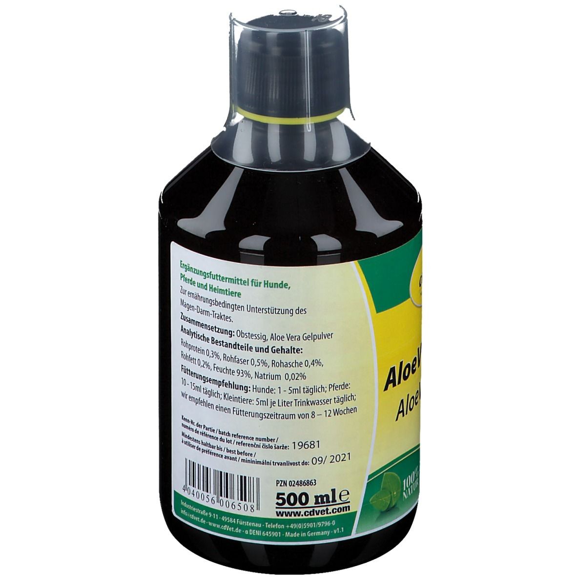 CdVet Aloe Vera Trunk, bouteille 500ml. Aliment complémentaire pour chiens, chats et chevaux.